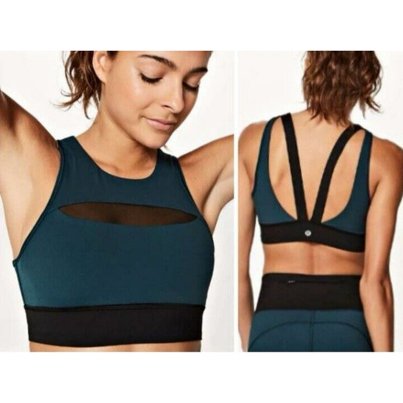 Lululemon RUN THE DAY Sports Bra With Peek-A-Boo Mesh Submarine Green/Black Sz 4 - Picture 2 of 12